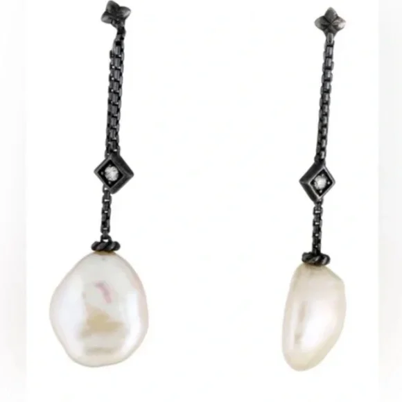David Yurman Pearl & Diamond Solari Black Chain Drop Earrings EUC